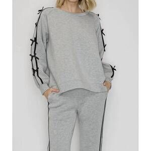 NEW JOH florence stretch french scuba top with ribbon bows in grey